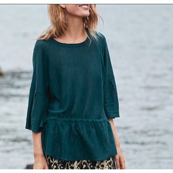 Wrap London Blouse Slouchy Top Drawstring Top 100%‎ Linen TEAL sz US 12/14 - Picture 1 of 5